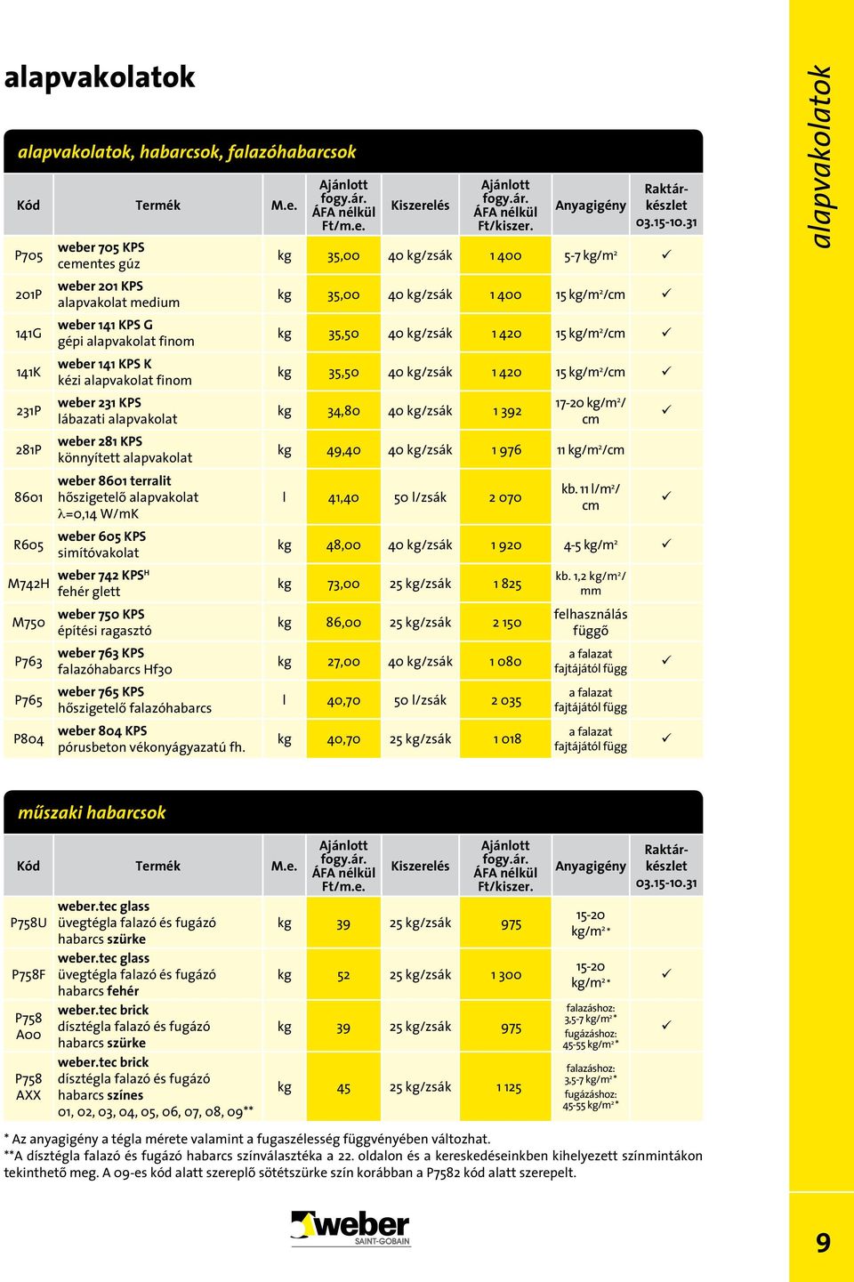 KPS simítóvakolat weber 742 KPSH fehér glett weber 750 KPS építési ragasztó weber 763 KPS falazóhabarcs Hf30 weber 765 KPS hôszigetelô falazóhabarcs weber 804 KPS pórusbeton vékonyágyazatú fh.