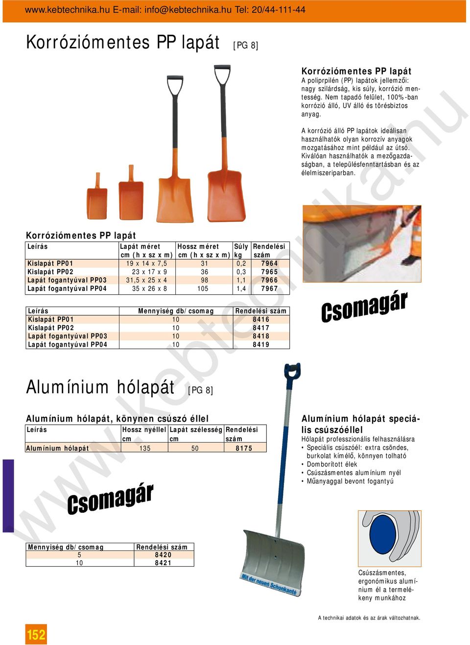 7964 Kislapát PP02 23 x 17 x 9 36 0,3 7965 Lapát fogantyúval PP03 31,5 x 25 x 4 98 1,1 7966 Lapát fogantyúval PP04 35 x 26 x 8 105 1,4 7967 Leírás Mennyiség db/csomag Rendelési szám Kislapát PP01 10
