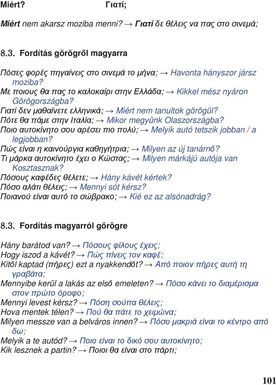 ; Milyen márkájú autója van Kosztasznak? ; Hány kávét kértek? ; Mennyi sót kérsz? ; Kié ez az alsónadrág? _UZU Fordítás magyarról görögre Hány barátod van?