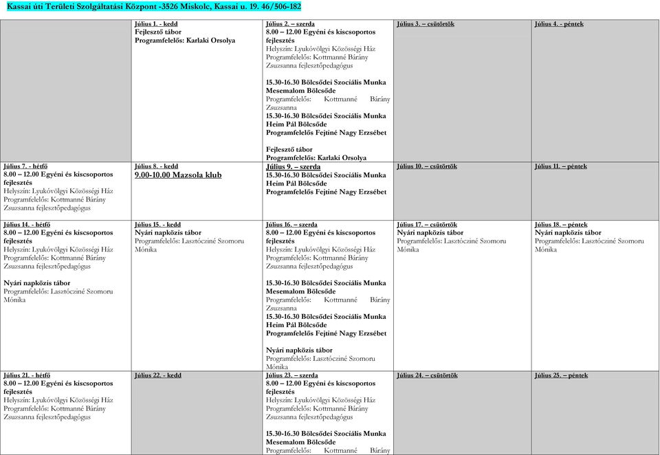 00 Mazsola klub Fejlesztő tábor Programfelelős: Karlaki Orsolya Július 9. szerda Július 10. csütörtök Július 11. péntek Július 14. - hétfő Július 15.