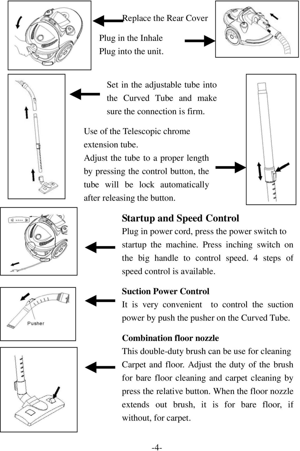 Startup and Speed Control Plug in power cord, press the power switch to startup the machine. Press inching switch on the big handle to control speed. 4 steps of speed control is available.