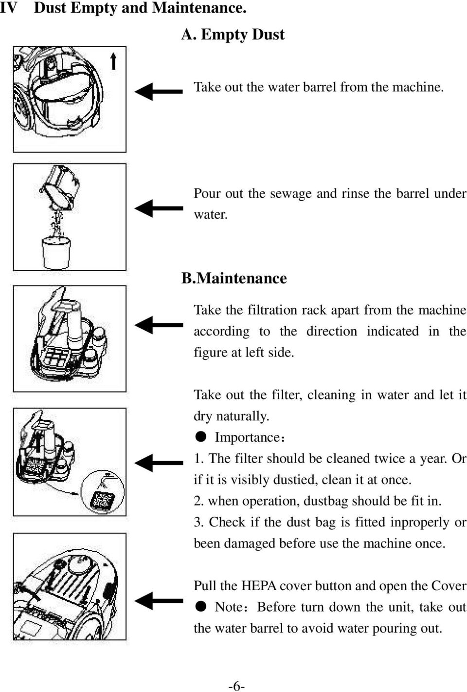 Take out the filter, cleaning in water and let it dry naturally. Importance: 1. The filter should be cleaned twice a year. Or if it is visibly dustied, clean it at once. 2.