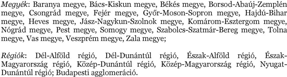 Szabolcs-Szatmár-Bereg megye, Tolna megye, Vas megye, Veszprém megye, Zala megye; Régiók: Dél-Alföld régió, Dél-Dunántúl régió,