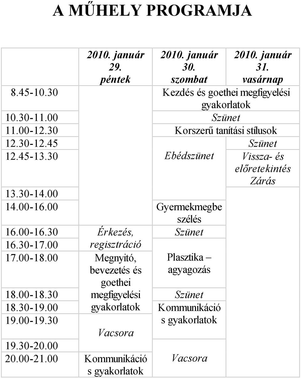 30 Ebédszünet Vissza- és előretekintés Zárás 13.30-14.00 14.00-16.00 Gyermekmegbe szélés 16.00-16.30 Érkezés, Szünet 16.30-17.00 regisztráció 17.