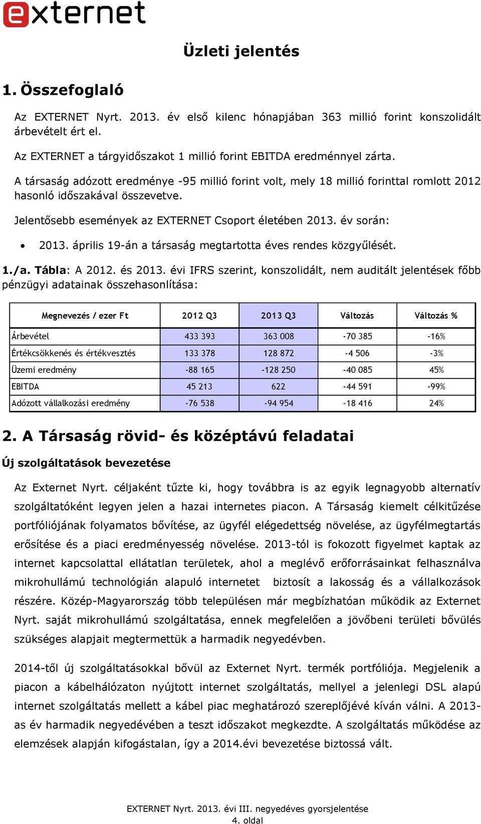 Jelentősebb események az EXTERNET Csoport életében 2013. év során: 2013. április 19-án a társaság megtartotta éves rendes közgyűlését. 1./a. Tábla: A 2012. és 2013.