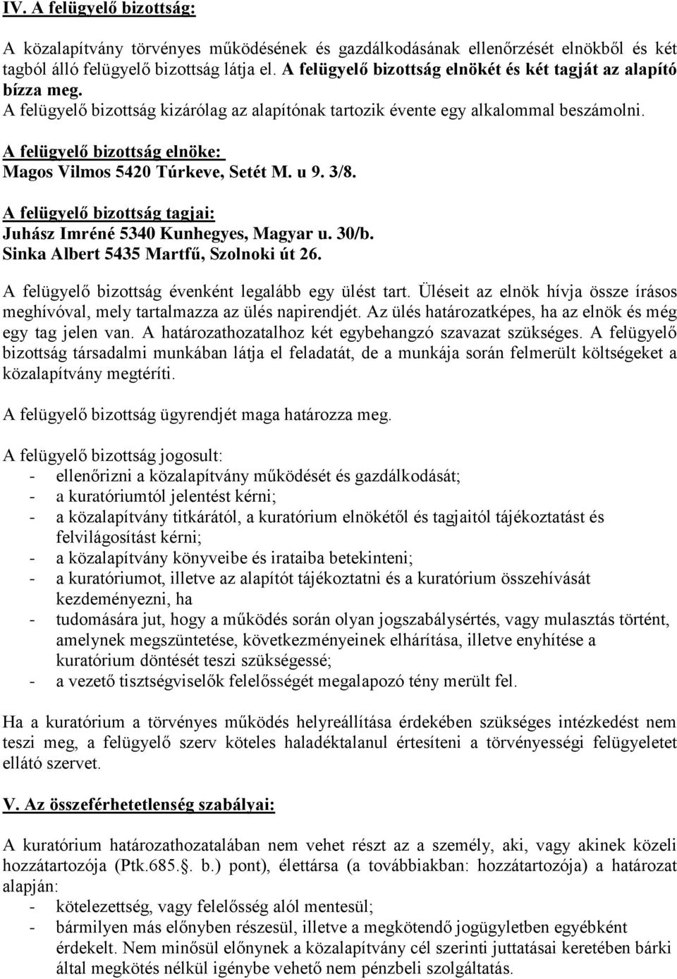 A felügyelő bizottság elnöke: Magos Vilmos 5420 Túrkeve, Setét M. u 9. 3/8. A felügyelő bizottság tagjai: Juhász Imréné 5340 Kunhegyes, Magyar u. 30/b. Sinka Albert 5435 Martfű, Szolnoki út 26.