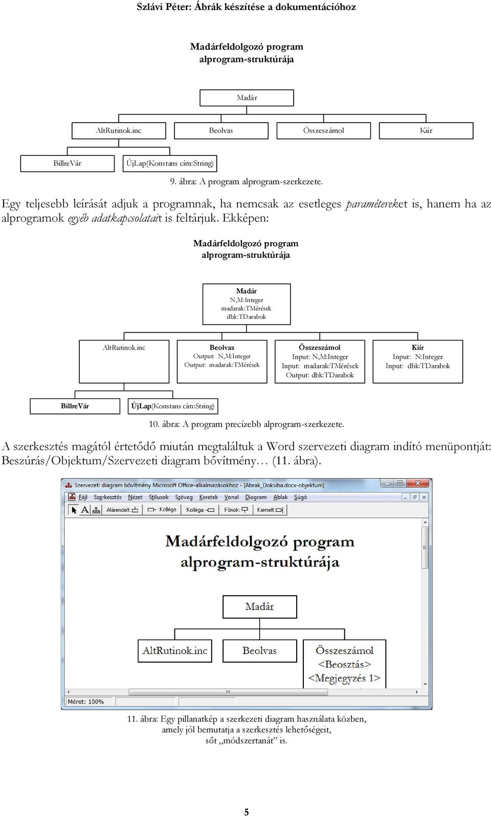 Ekképen: Madárfeldolgozó program alprogram-struktúrája Madár N,M:Integer madarak:tmérések dbk:tdarabok AltRutinok.