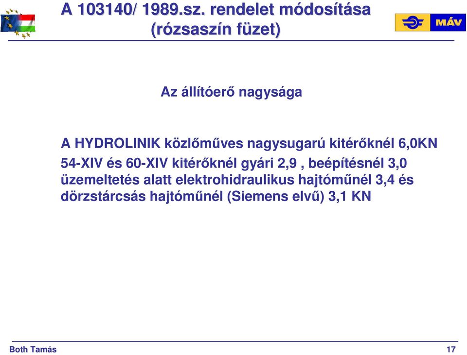 nagysága A HYDROLINIK közlőműves nagysugarú kitérőknél 6,0KN 54-XIV és