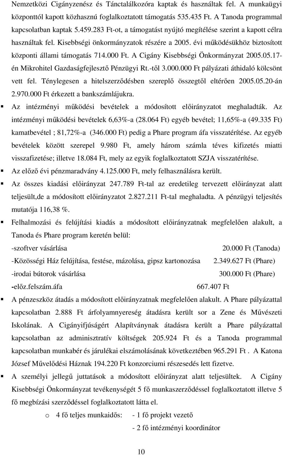 A Cigány Kisebbségi Önkormányzat 2005.05.17- én Mikrohitel Gazdaságfejlesztő Pénzügyi Rt.-től 3.000.000 Ft pályázati áthidaló kölcsönt vett fel.