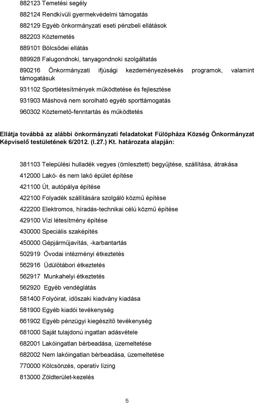 Köztemető-fenntartás és működtetés Ellátja tvábbá az alábbi önkrmányzati feladatkat Fülöpháza Község Önkrmányzat Képviselő testületének 6/2012. (I.27.) Kt.