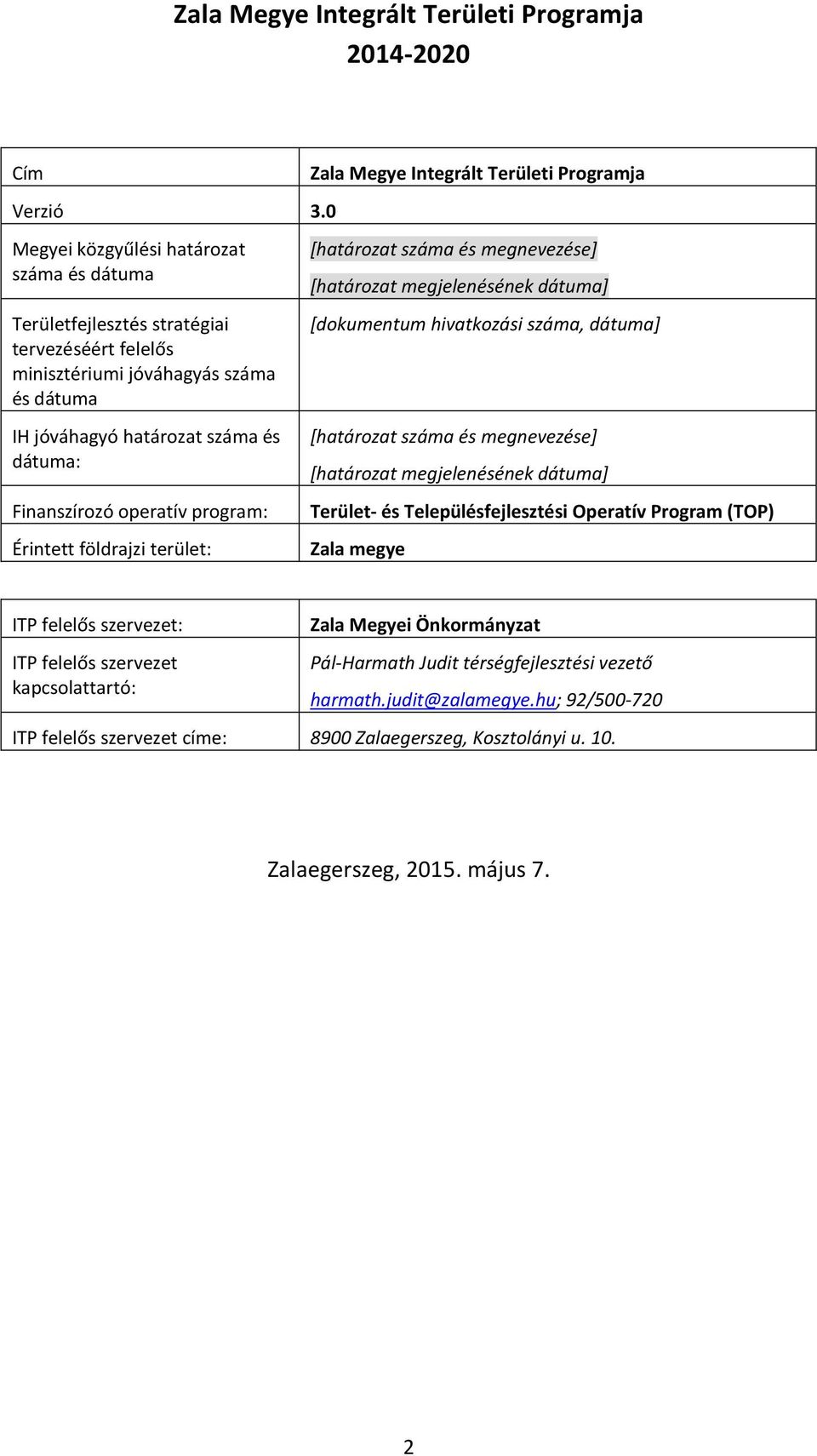program: Érintett földrajzi terület: Zala Megye Integrált Területi Programja [határozat száma és megnevezése] [határozat megjelenésének dátuma] [dokumentum hivatkozási száma, dátuma] [határozat száma
