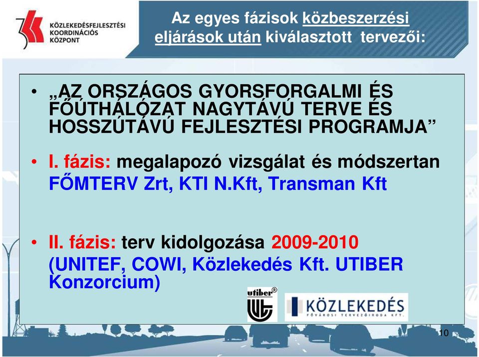 fázis: megalapozó vizsgálat és módszertan FŐMTERV Zrt, KTI N.Kft, Transman Kft II.