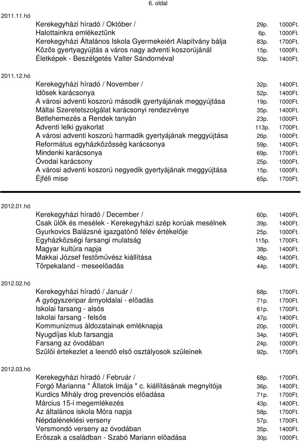 1400Ft. A városi adventi koszorú második gyertyájának meggyújtása 19p. 1000Ft. Máltai Szeretetszolgálat karácsonyi rendezvénye 35p. 1400Ft. Betlehemezés a Rendek tanyán 23p. 1000Ft. Adventi lelki gyakorlat 113p.