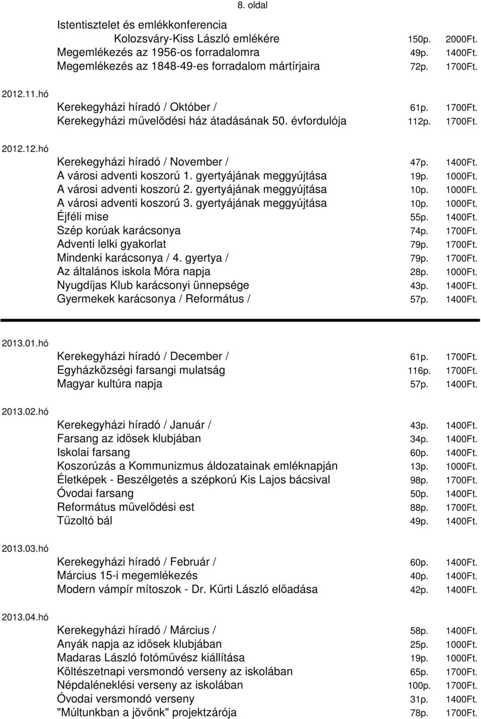 A városi adventi koszorú 1. gyertyájának meggyújtása 19p. 1000Ft. A városi adventi koszorú 2. gyertyájának meggyújtása 10p. 1000Ft. A városi adventi koszorú 3. gyertyájának meggyújtása 10p. 1000Ft. Éjféli mise 55p.