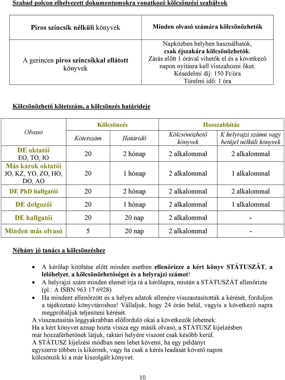 Késedelmi díj: 150 Ft/óra Türelmi idő: 1 óra Kölcsönözhető kötetszám, a kölcsönzés határideje Olvasó Kötetszám Kölcsönzés Határidő Kölcsönözhető könyvek Hosszabbítás K helyrajzi számú vagy betűjel