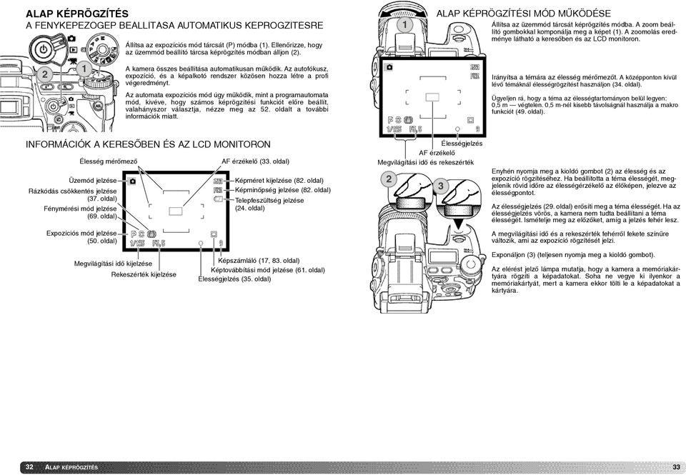 Az automata expozíciós mód úgy mûködik, mint a programautomata mód, kivéve, hogy számos képrögzítési funkciót elõre beállít, valahányszor választja, nézze meg az 52.