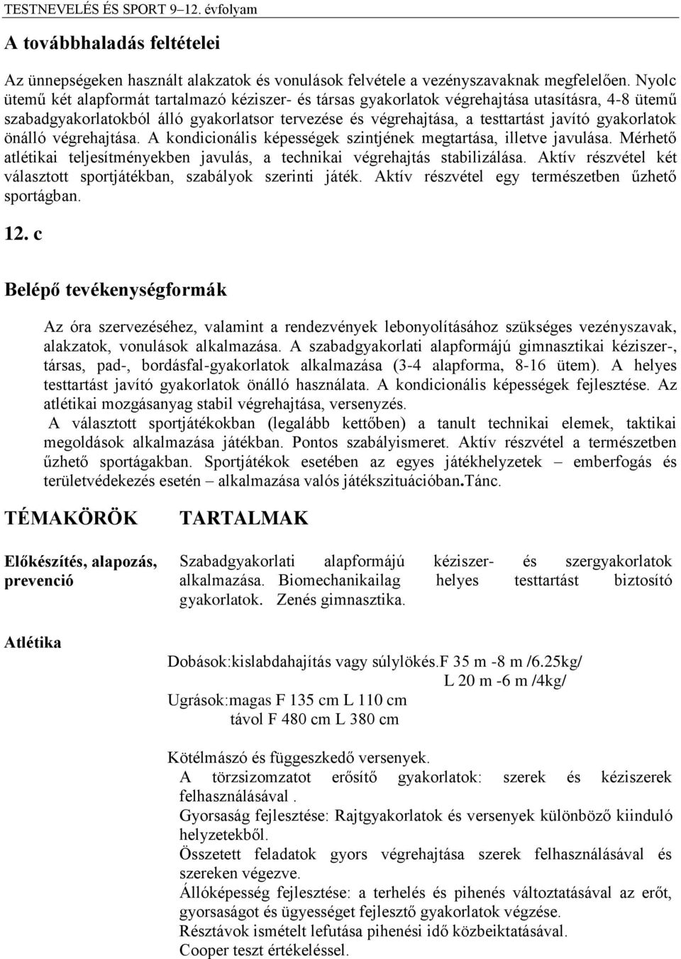 gyakorlatok önálló végrehajtása. A kondicionális képességek szintjének megtartása, illetve javulása. Mérhető atlétikai teljesítményekben javulás, a technikai végrehajtás stabilizálása.