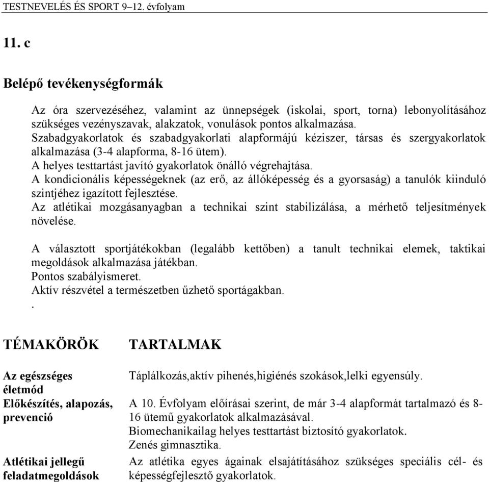 A kondicionális képességeknek (az erő, az állóképesség és a gyorsaság) a tanulók kiinduló szintjéhez igazított fejlesztése.