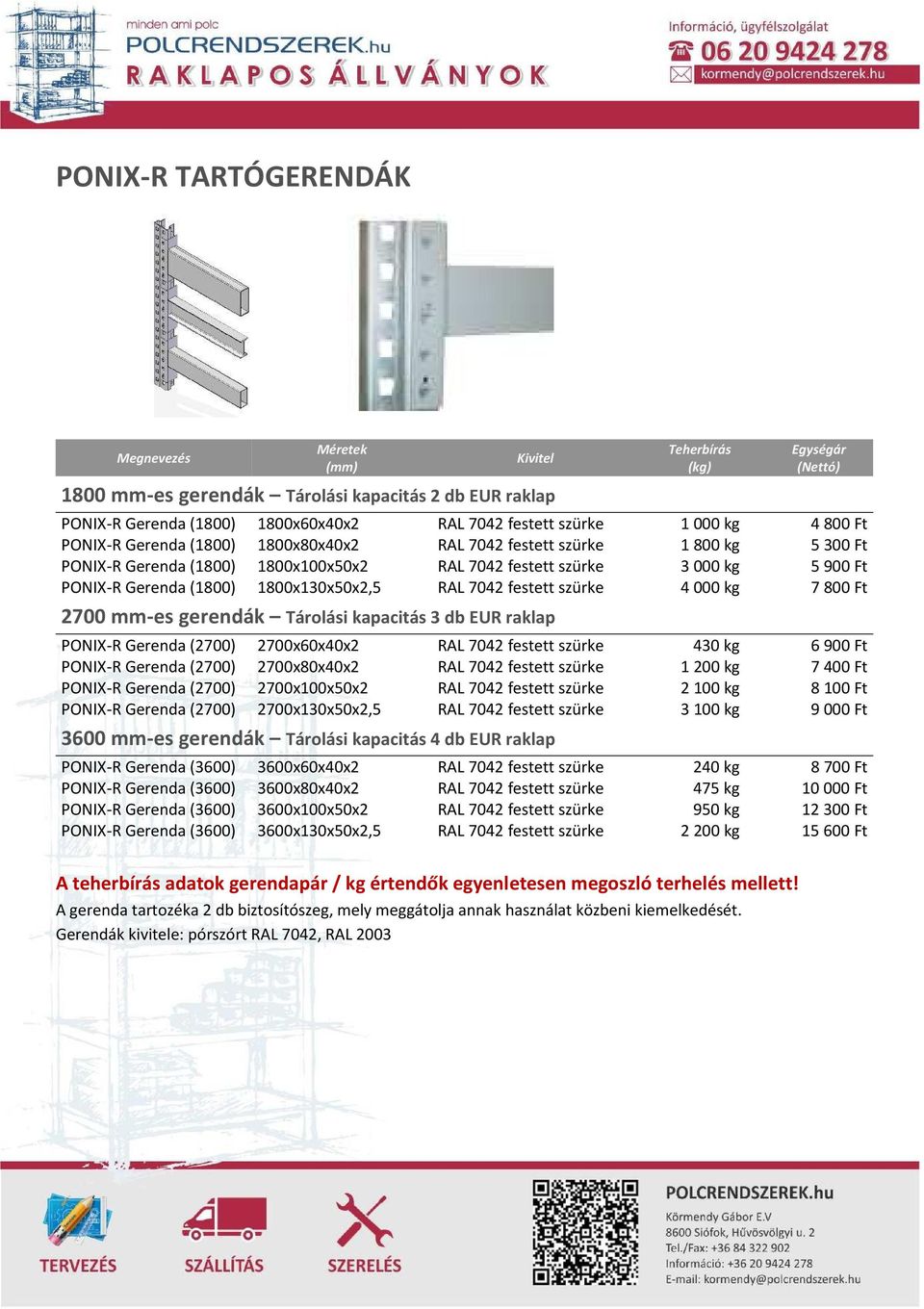 1800x130x50x2,5 RAL 7042 festett szürke 4 000 kg 7 800 Ft 2700 mm-es gerendák Tárolási kapacitás 3 db EUR raklap PONIX-R Gerenda (2700) 2700x60x40x2 RAL 7042 festett szürke 430 kg 6 900 Ft PONIX-R