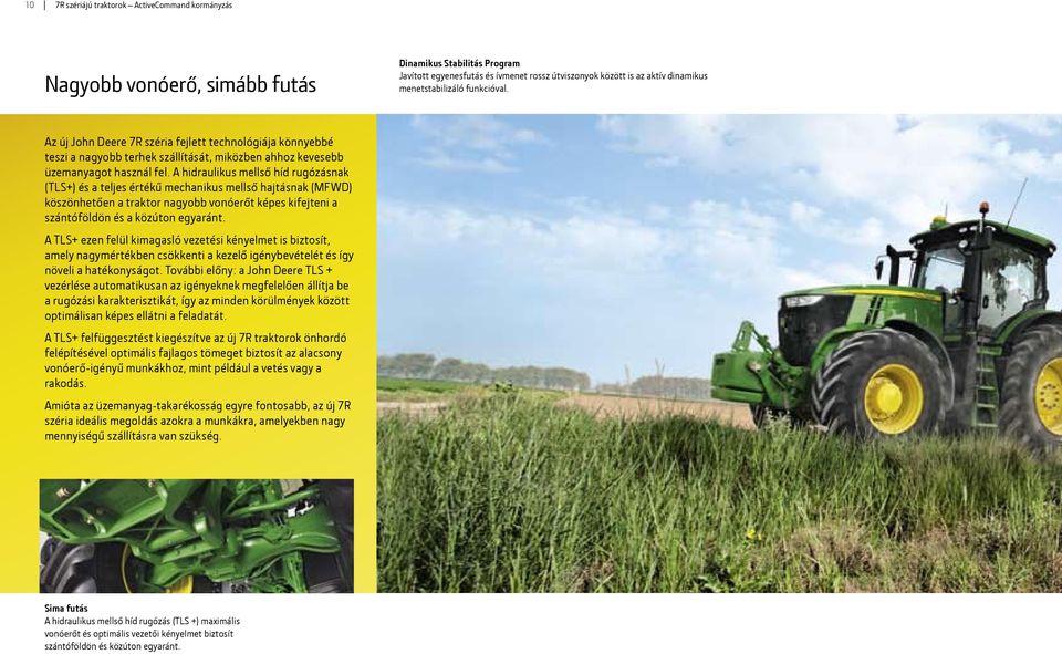 A hidraulikus mellső híd rugózásnak (TLS+) és a teljes értékű mechanikus mellső hajtásnak (MFWD) köszönhetően a traktor nagyobb vonóerőt képes kifejteni a szántóföldön és a közúton egyaránt.