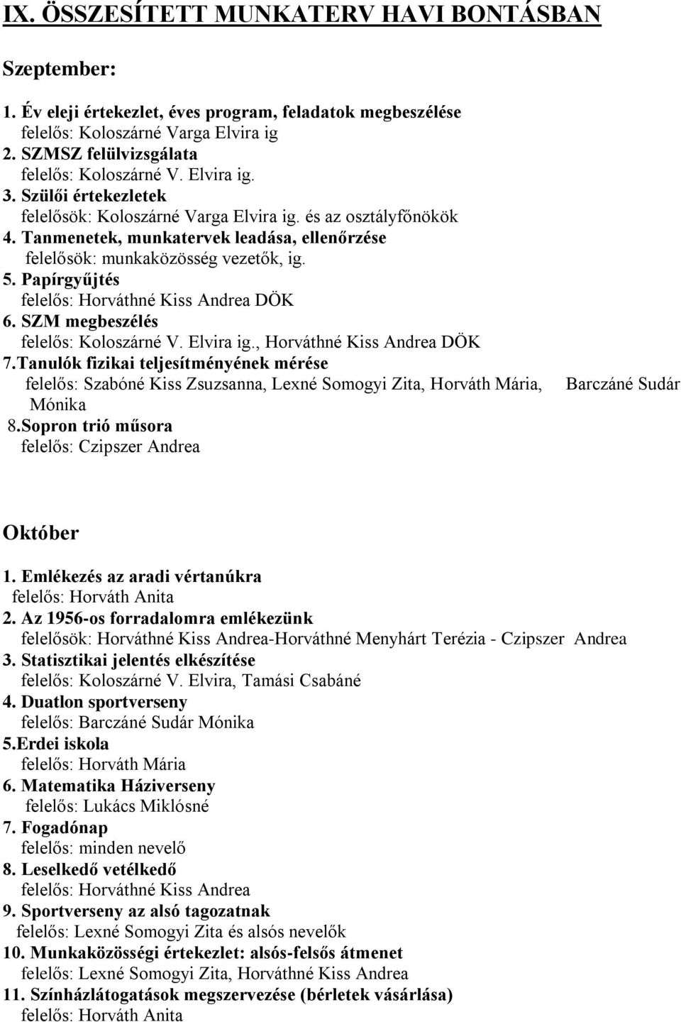 Papírgyűjtés felelős: Horváthné Kiss Andrea DÖK 6. SZM megbeszélés felelős: Koloszárné V. Elvira ig., Horváthné Kiss Andrea DÖK 7.