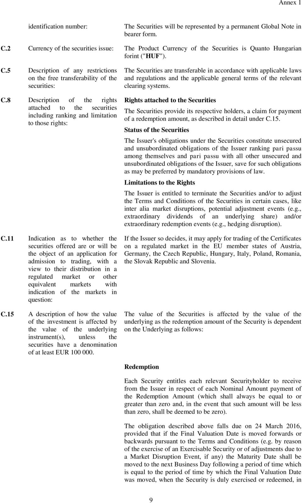 8 Description of the rights attached to the securities including ranking and limitation to those rights: C.