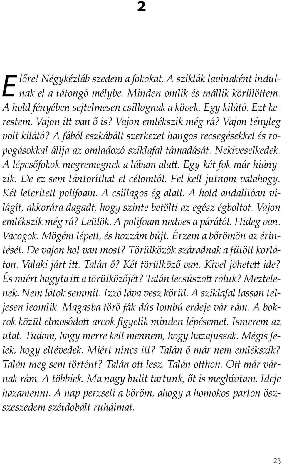 A lépcsőfokok megremegnek a lábam alatt. Egy-két fok már hiányzik. De ez sem tántoríthat el célomtól. Fel kell jutnom valahogy. Két leterített polifoam. A csillagos ég alatt.