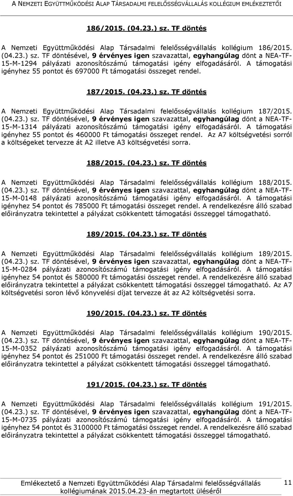 15-M-1314 pályázati azonosítószámú támogatási igény elfogadásáról. A támogatási igényhez 55 pontot és 460000 Ft támogatási összeget rendel.