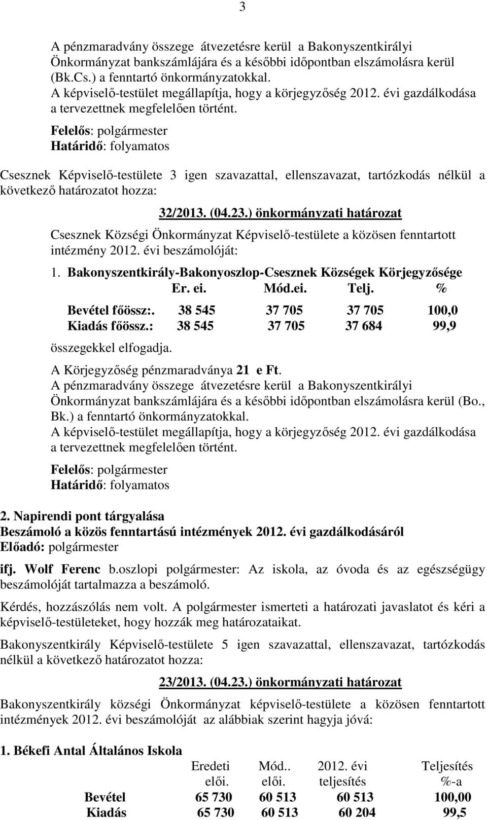 Csesznek Képviselő-testülete 3 igen szavazattal, ellenszavazat, tartózkodás nélkül a 32/2013. (04.23.