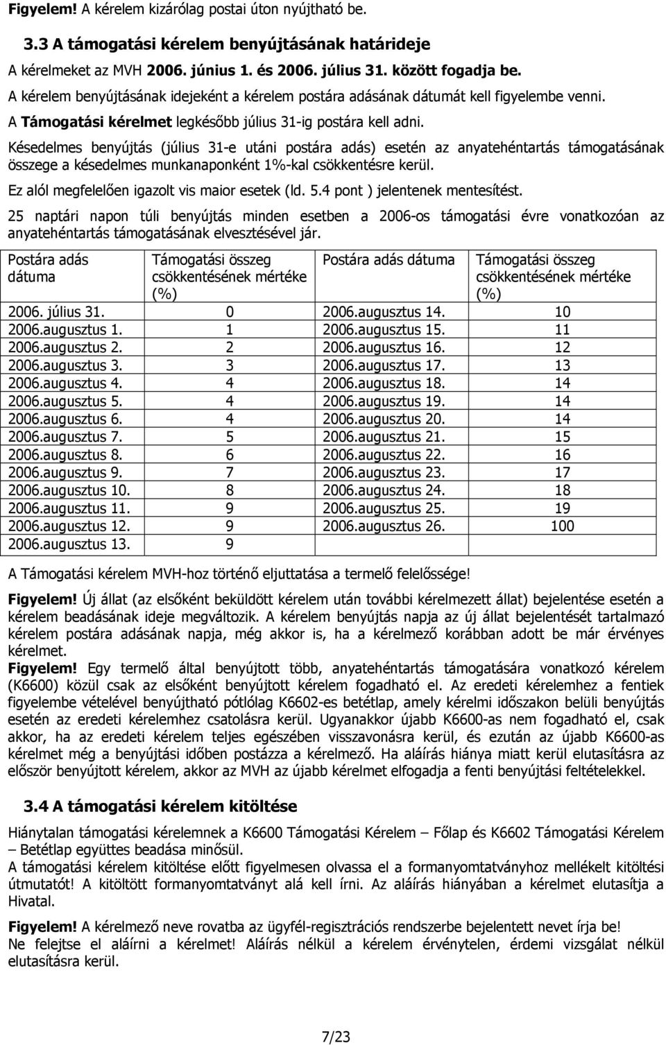 Késedelmes benyújtás (július 31-e utáni postára adás) esetén az anyatehéntartás támogatásának összege a késedelmes munkanaponként 1%-kal csökkentésre kerül.