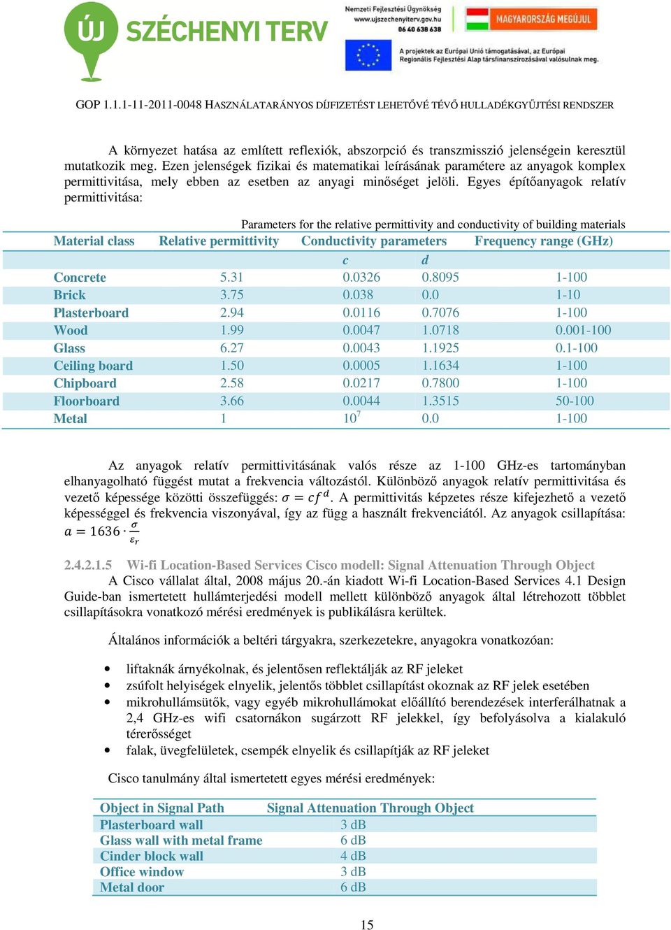 Egyes építőanyagok relatív permittivitása: Parameters for the relative permittivity and conductivity of building materials Material class Relative permittivity Conductivity parameters Frequency range