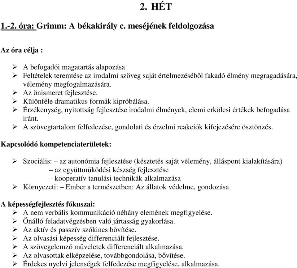 megfogalmazására. Az önismeret fejlesztése. Különféle dramatikus formák kipróbálása. Érzékenység, nyitottság fejlesztése irodalmi élmények, elemi erkölcsi értékek befogadása iránt.