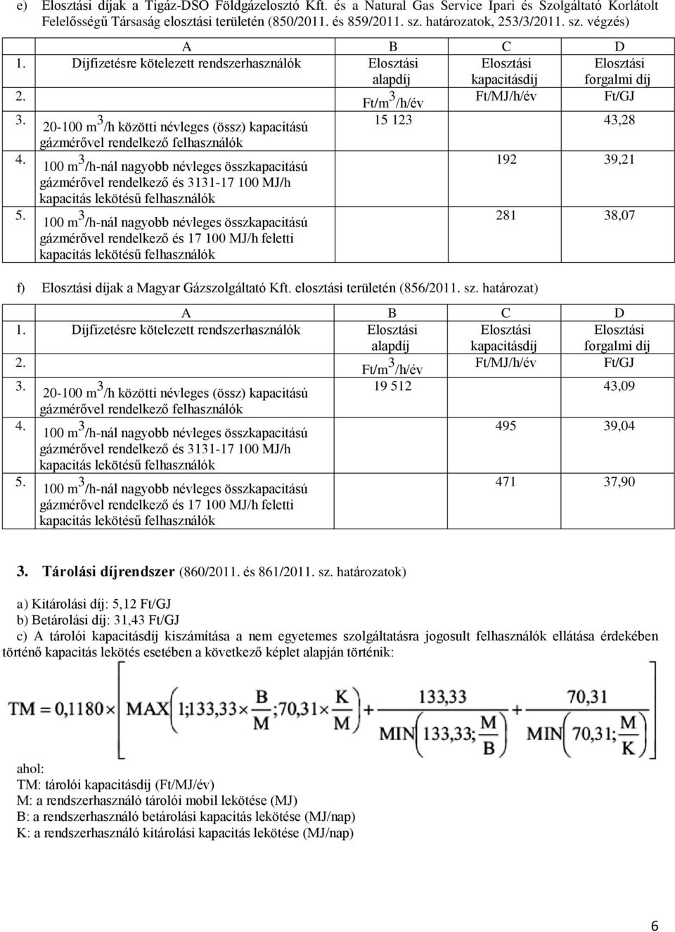 Díjfizetésre kötelezett rendszerhasználók Ft/MJ/h/év 19 512 43,09 495 39,04 471 37,90 Tárolási díjrendszer (860/2011. és 861/2011. sz.