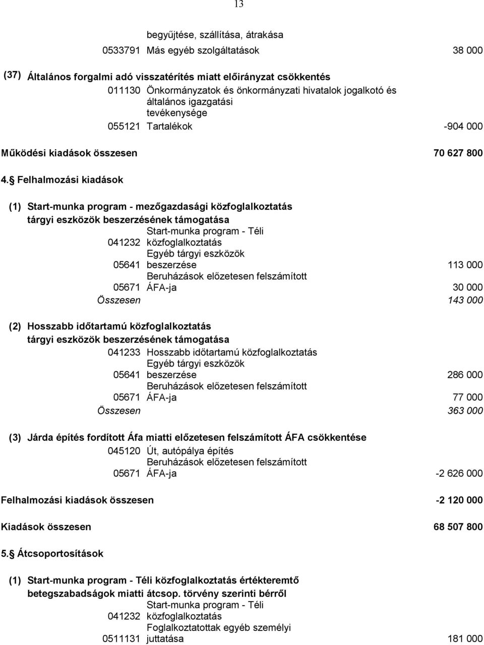 Felhalmozási kiadások (1) Start-munka program - mezőgazdasági közfoglalkoztatás tárgyi eszközök beszerzésének támogatása Start-munka program - Téli 041232 közfoglalkoztatás Egyéb tárgyi eszközök