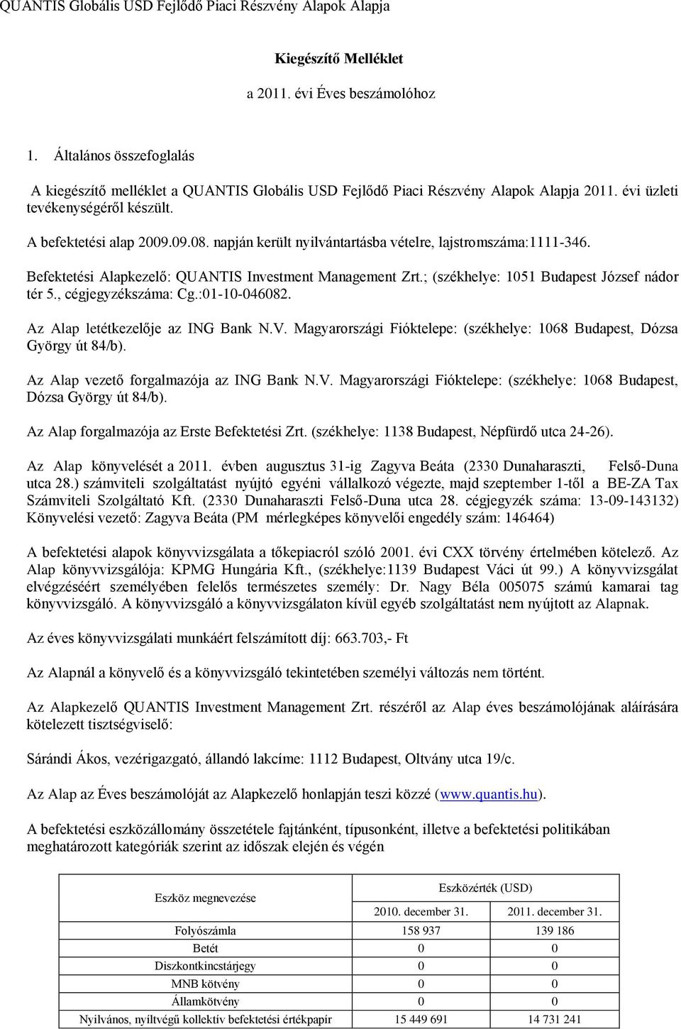 napján került nyilvántartásba vételre, lajstromszáma:1111-346. Befektetési Alapkezelő: QUANTIS Investment Management Zrt.; (székhelye: 1051 Budapest József nádor tér 5., cégjegyzékszáma: Cg.