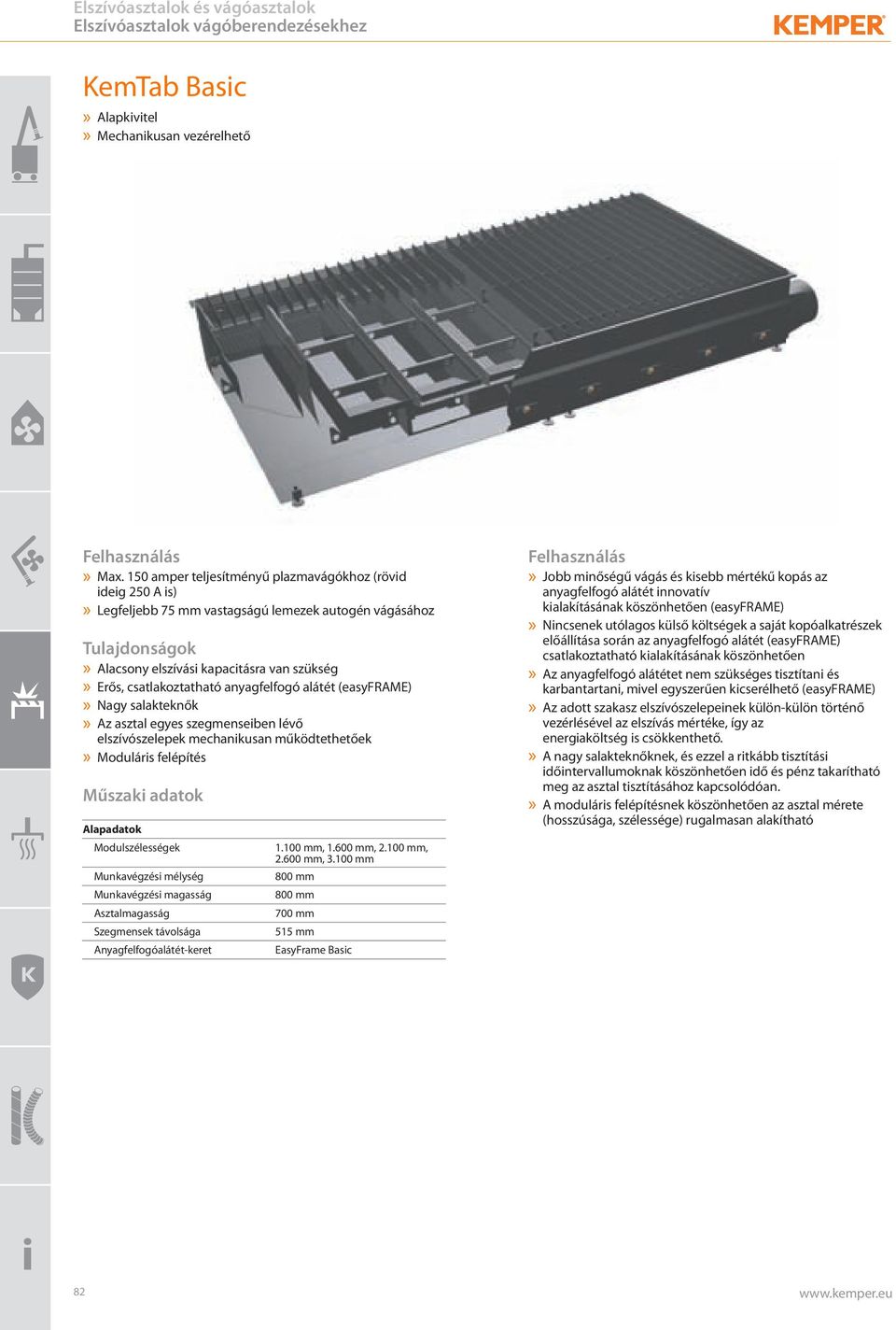 alátét (easyframe)» Nagy salakteknők» Az asztal egyes szegmenseiben lévő elszívószelepek mechanikusan működtethetőek» Moduláris felépítés Alapadatok Modulszélességek Munkavégzési mélység Munkavégzési