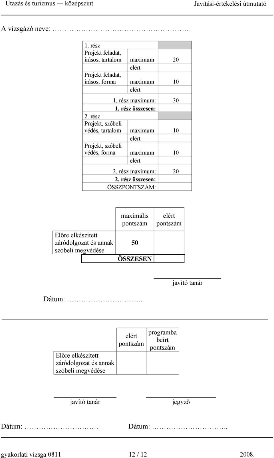 rész összesen: ÖSSZPONTSZÁM: Előre elkészített záródolgozat és annak szóbeli megvédése maximális pontszám 50 ÖSSZESEN pontszám javító tanár