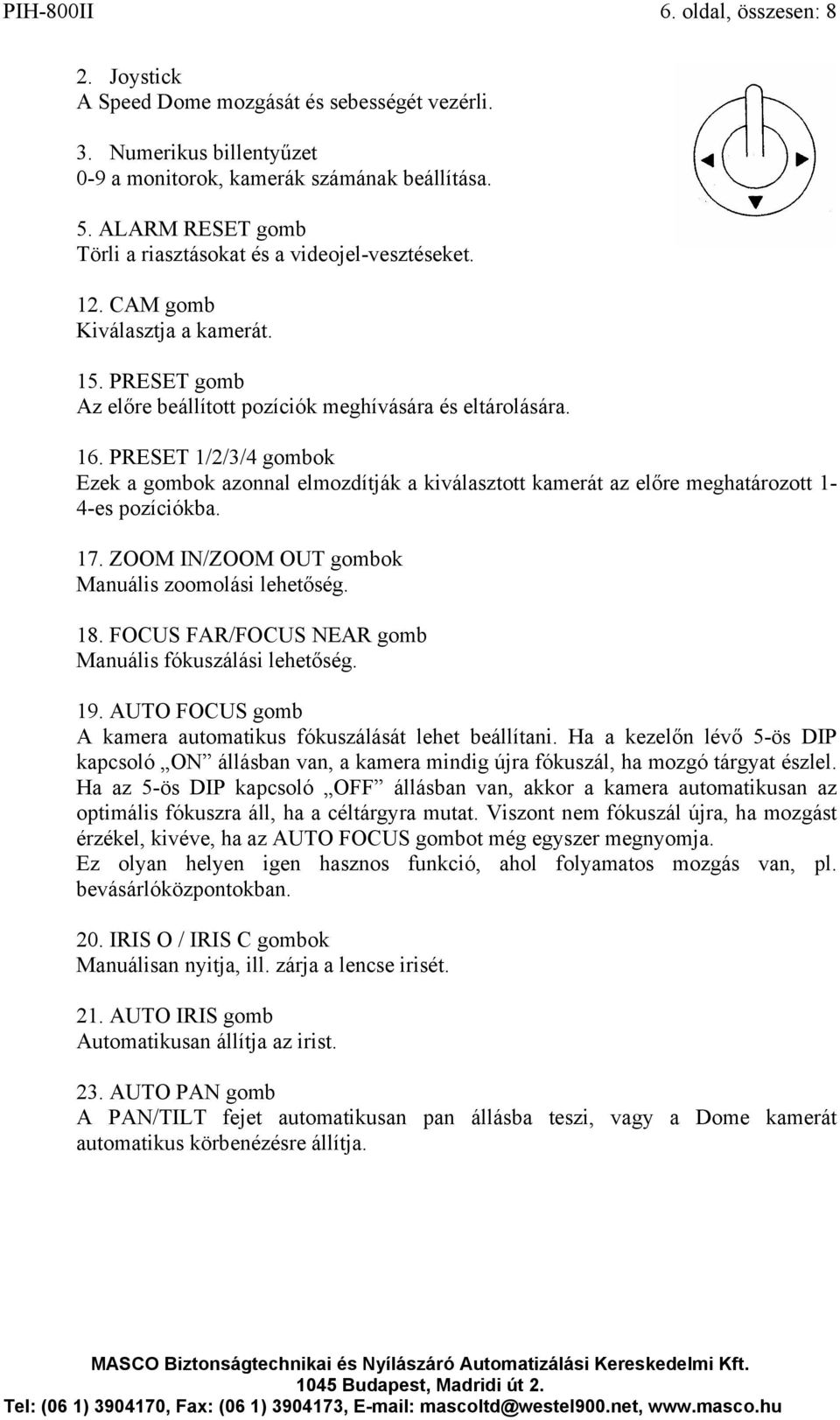 PRESET 1/2/3/4 gombok Ezek a gombok azonnal elmozdítják a kiválasztott kamerát az előre meghatározott 1-4-es pozíciókba. 17. ZOOM IN/ZOOM OUT gombok Manuális zoomolási lehetőség. 18.