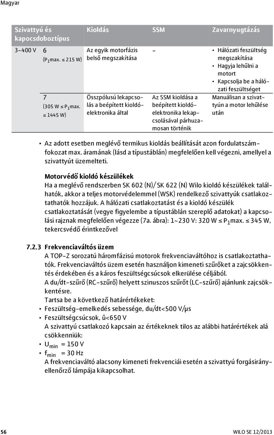 Kapcsolja be a hálózati feszültséget Az SSM kioldása a beépített kioldóelektronika lekapcsolásával párhuzamosan történik Manuálisan a szivattyún a motor lehűlése után Az adott esetben meglévő