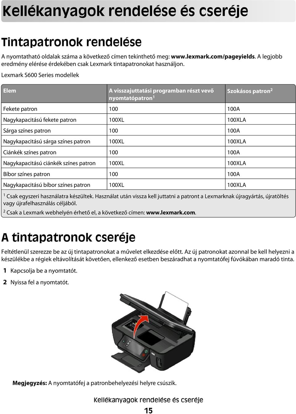 Lexmark S600 Series modellek Elem A visszajuttatási programban részt vevő nyomtatópatron 1 Szokásos patron 2 Fekete patron 100 100A Nagykapacitású fekete patron 100XL 100XLA Sárga színes patron 100