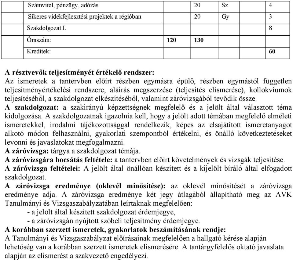 aláírás megszerzése (teljesítés elismerése), kollokviumok teljesítéséből, a szakdolgozat elkészítéséből, valamint záróvizsgából tevődik össze.