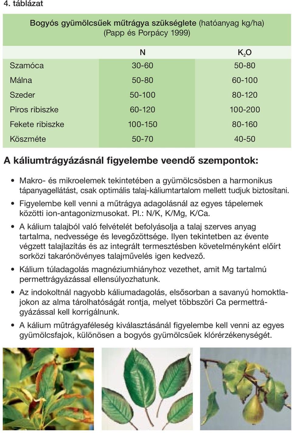 talaj-káliumtartalom mellett tudjuk biztosítani. Figyelembe kell venni a műtrágya adagolásnál az egyes tápelemek közötti ion-antagonizmusokat. Pl.: N/K, K/Mg, K/Ca.