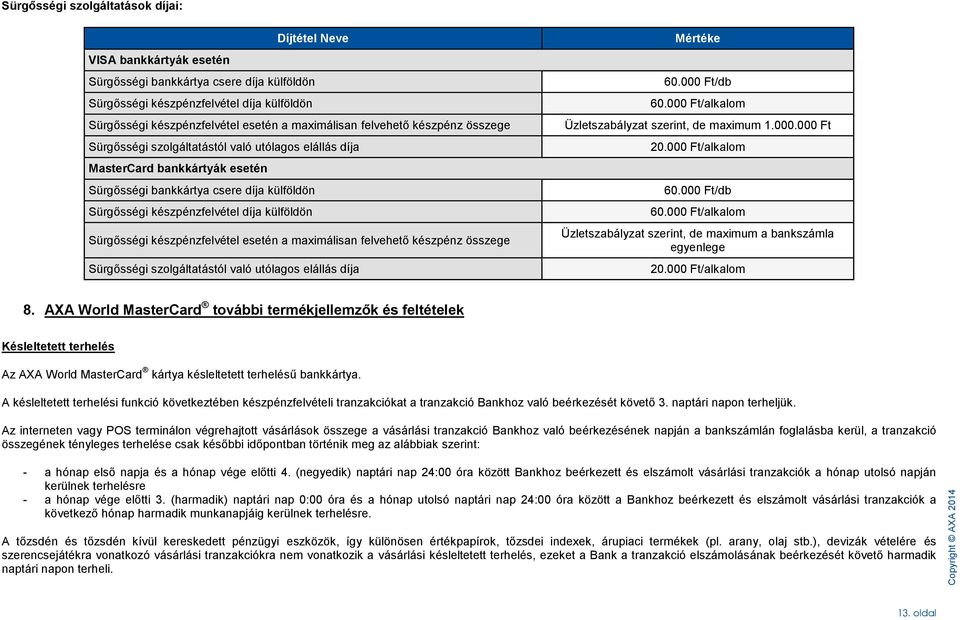 külföldön Sürgősségi készpénzfelvétel esetén a maximálisan felvehető készpénz összege Sürgősségi szolgáltatástól való utólagos elállás díja Mértéke 60.00/db 60.