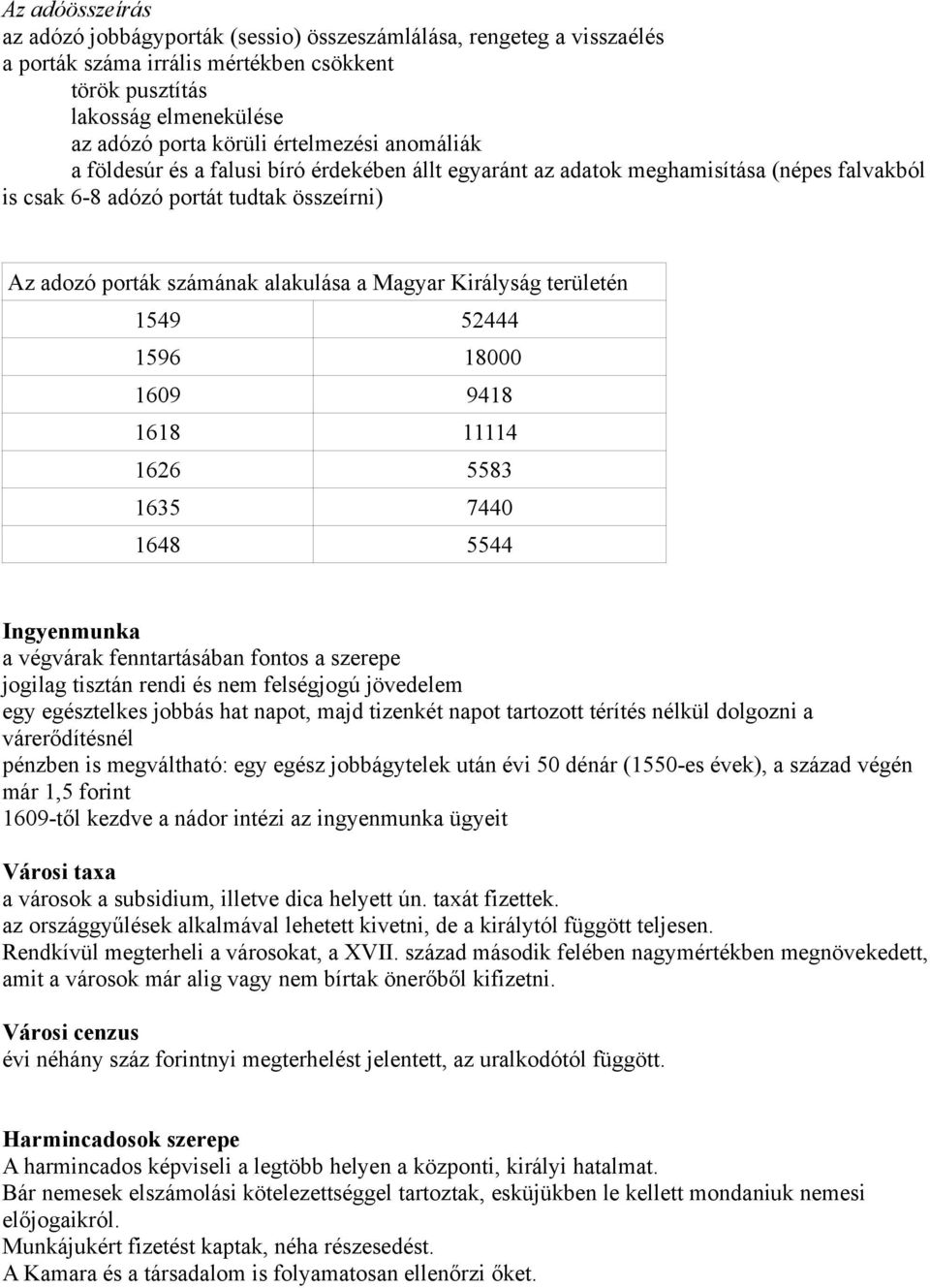 Magyar Királyság területén 1549 52444 1596 18000 1609 9418 1618 11114 1626 5583 1635 7440 1648 5544 Ingyenmunka a végvárak fenntartásában fontos a szerepe jogilag tisztán rendi és nem felségjogú