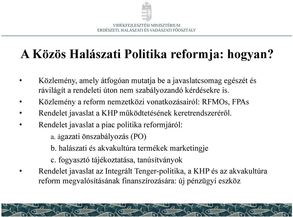 Közlemény a reform nemzetközi vonatkozásairól: RFMOs, FPAs Rendelet javaslat a KHP működtetésének keretrendszeréről.