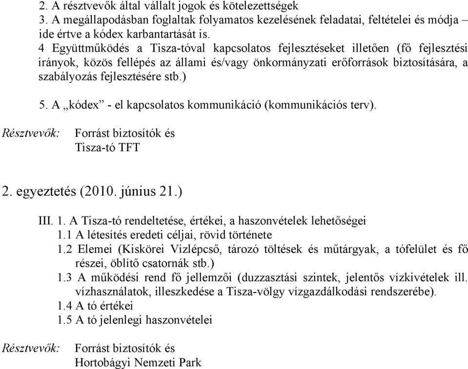 ) 5. A kódex - el kapcsolatos kommunikáció (kommunikációs terv). 2. egyeztetés (2010. június 21.) III. 1. A Tisza-tó rendeltetése, értékei, a haszonvételek lehetőségei 1.