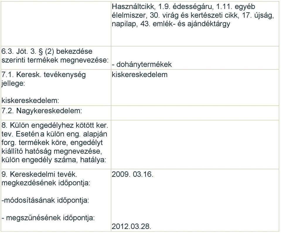 tevékenység jellege: kiskereskedelem: 7.2. Nagykereskedelem: 8. Külön engedélyhez kötött ker. tev. Esetén a külön eng.