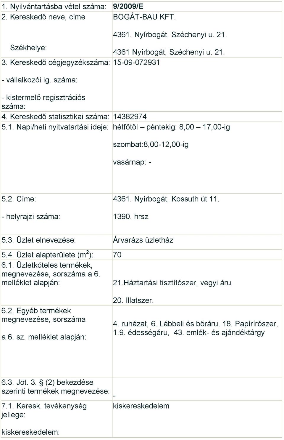 4. Üzlet alapterülete (m 2 ): 70 6.1. Üzletköteles termékek, a 6. 21.Háztartási tisztítószer, vegyi áru a 6. sz. 20. Illatszer. 4. ruházat, 6. Lábbeli és bőráru, 18. Papírírószer, 1.9. édességáru, 43.