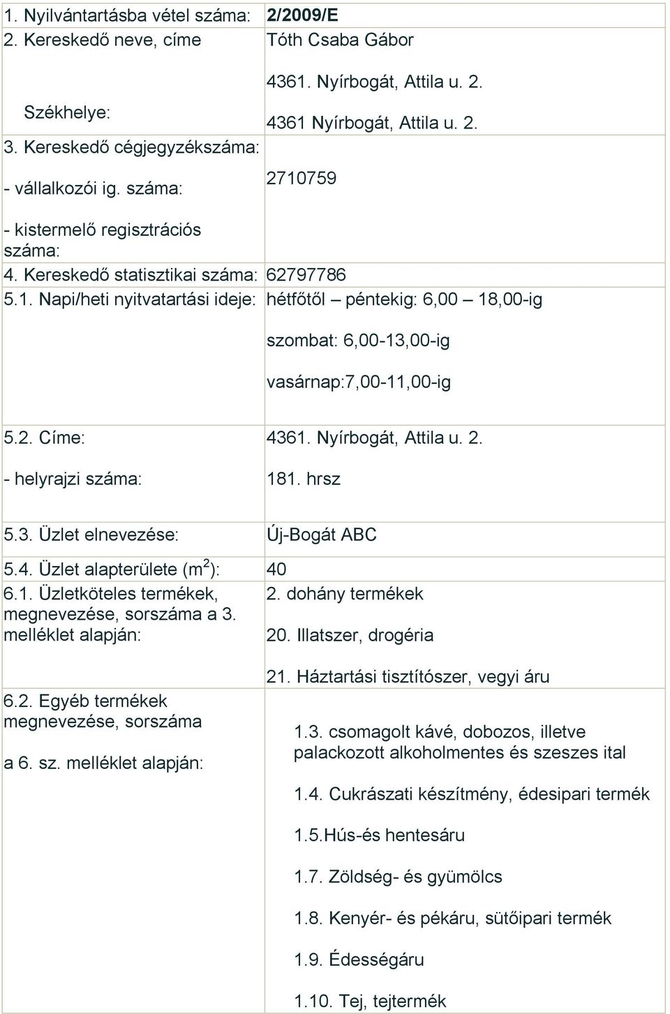 4. Üzlet alapterülete (m 2 ): 40 6.1. Üzletköteles termékek, 2. dohány termékek a 3. 20. Illatszer, drogéria a 6. sz. 21. Háztartási tisztítószer, vegyi áru 1.3. csomagolt kávé, dobozos, illetve palackozott alkoholmentes és szeszes ital 1.