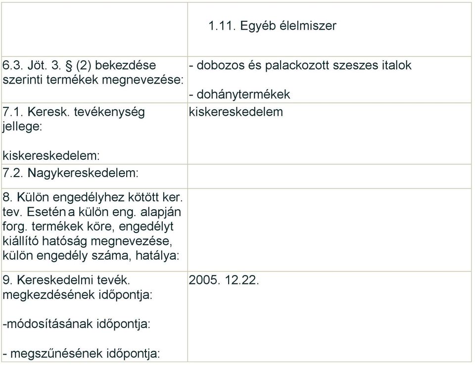 dohánytermékek 7.1. Keresk. tevékenység kiskereskedelem jellege: kiskereskedelem: 7.2.